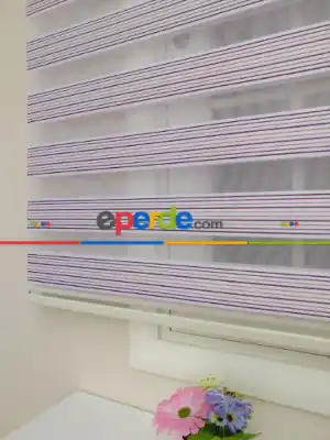 Pudra Pembe - Gümüş Simli Mor Plise Zebra Perde- Mor-pembe Pudra Pembe
