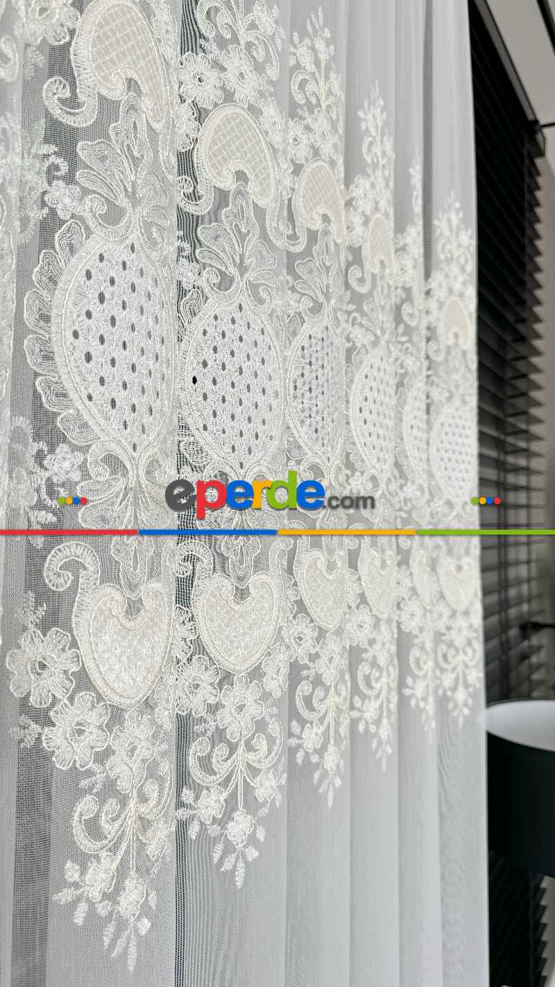 Ekru Özel Dokuma, Özel İplik Hafif Simli Brode İşlemeli Tül Perde - Ağır Gramajlı Premium Nakışlı