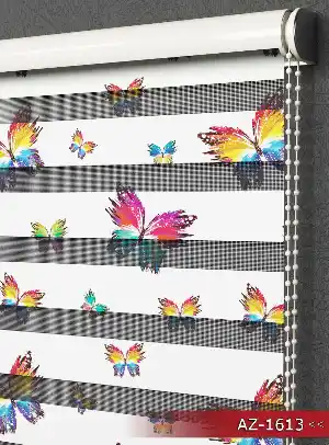 Renkli Kelebek Desen Baskılı Zebra Perde- Turkuaz-Pembe-Ekru