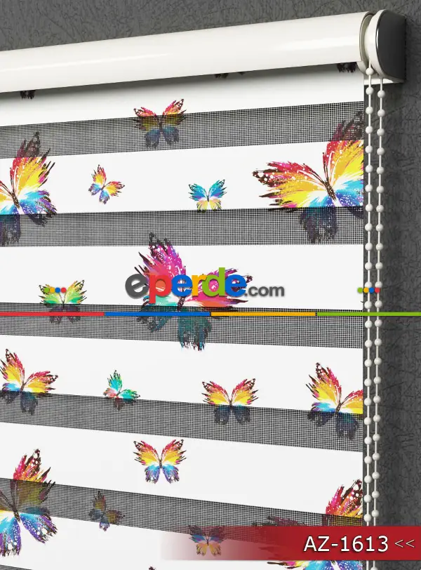 Renkli Kelebek Desen Baskılı Zebra Perde- Turkuaz-Pembe-Ekru