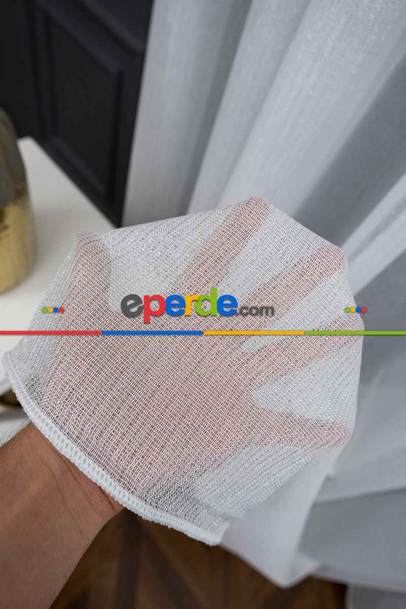 Gümüş Simli İnce Çizgili Gramajlı Dökümlü Kaliteli Tül Ekru