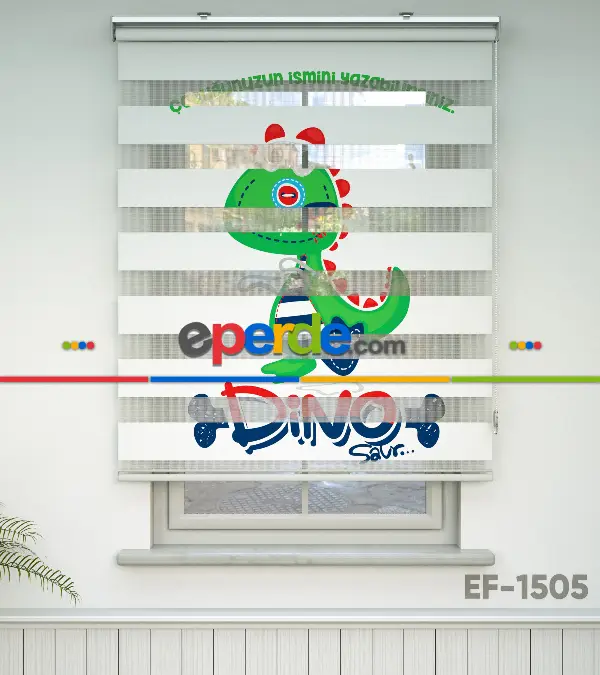 Dinazor Desenli Özel Baskılı Zebra Perde- Çok Renkli