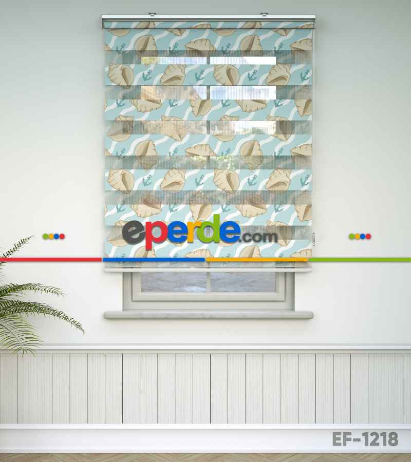 Çocuk Odası Zebra Perde - Deniz Kabuğu Baskılı Zebra Perde- Mavi-Beyaz-Krem