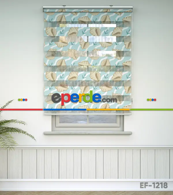 Deniz Kabuğu Baskılı Zebra Perde- Mavi-beyaz-krem