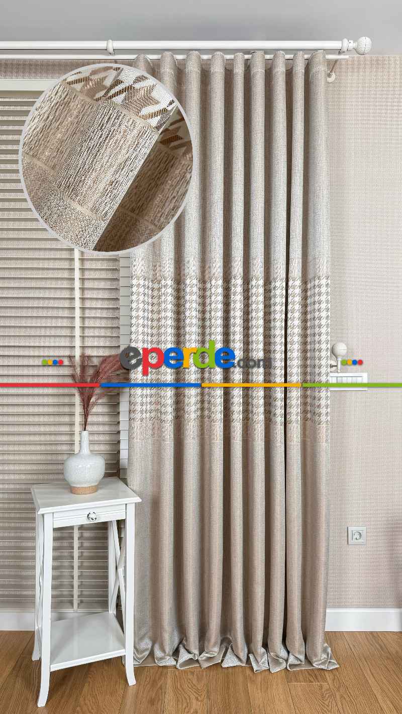 Krem Altın Fon Perde, Pano Model, Orta Pano Kazayağı Desenli, Jakar Dokuma.