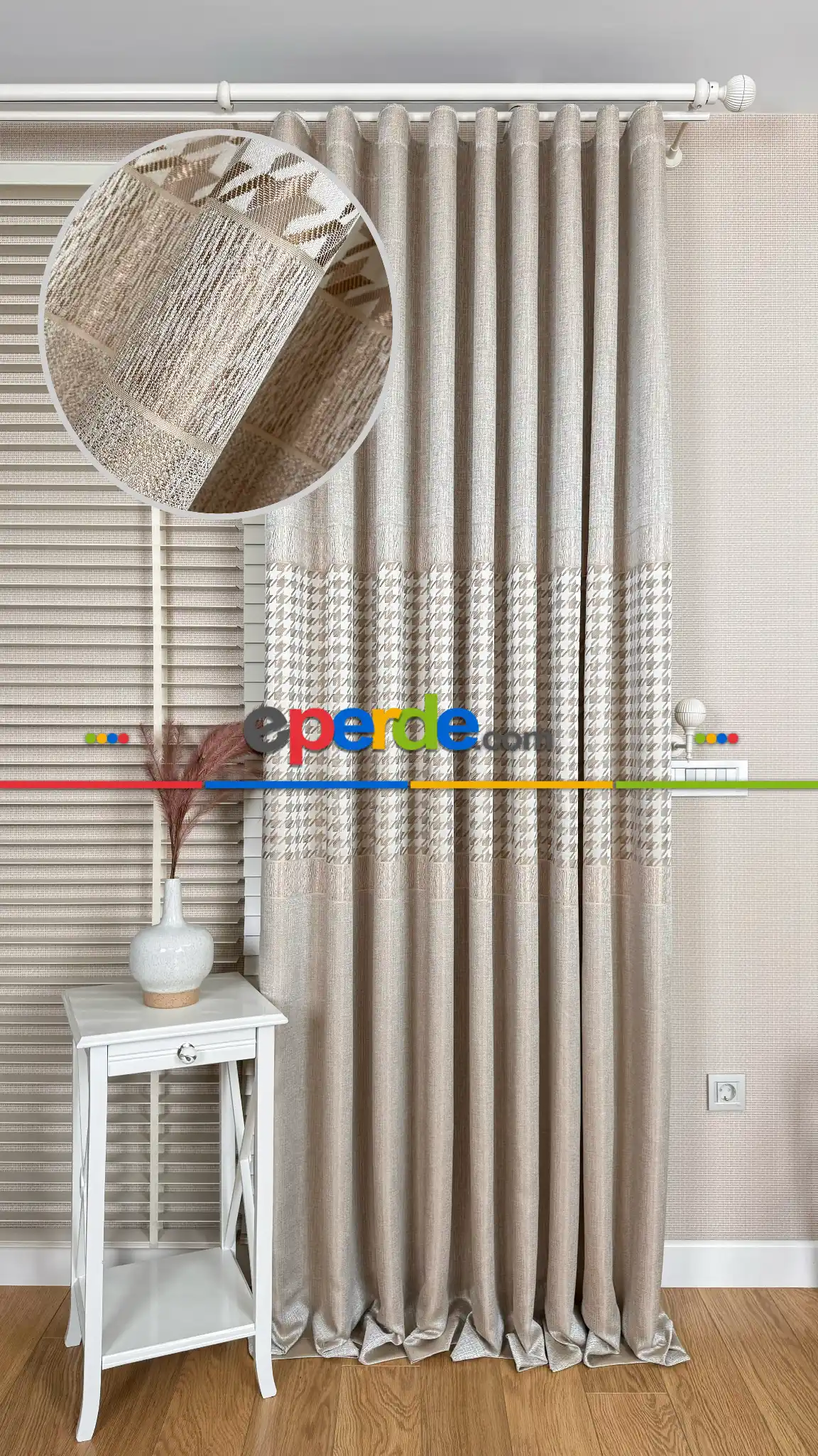 Krem Altın Fon Perde, Pano Model, Orta Pano Kazayağı Desenli, Jakar Dokuma.