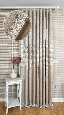 Krem Altın Fon Perde, Pano Model, Orta Pano Kazayağı Desenli, Jakar Dokuma.