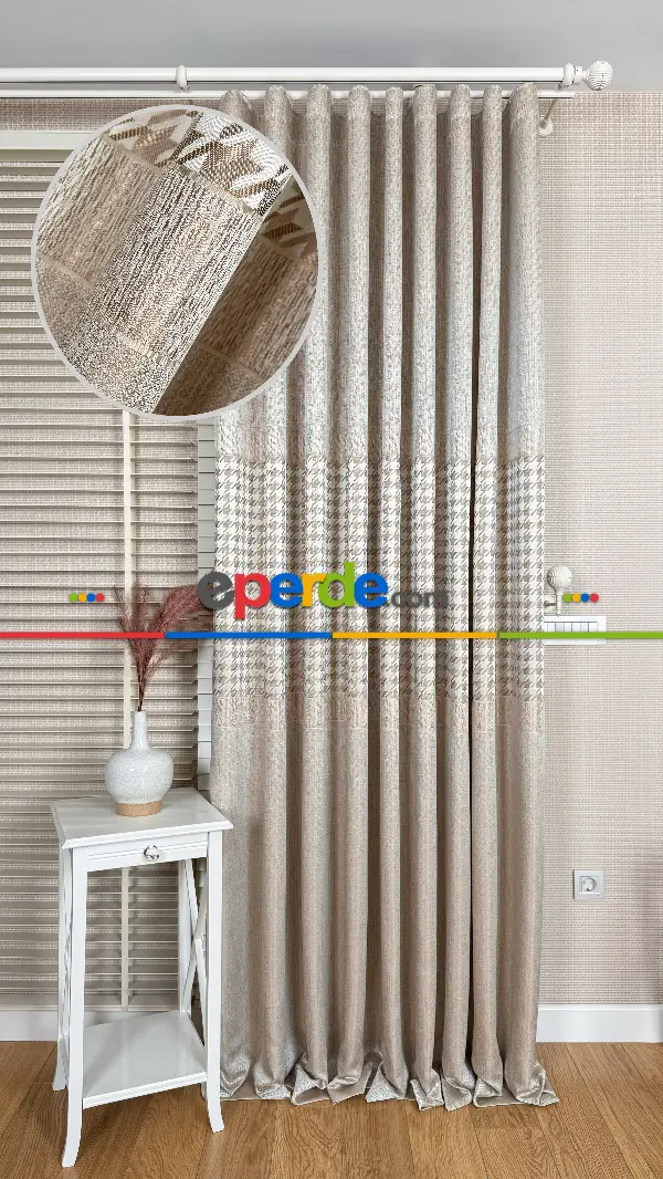 Krem Altın Fon Perde, Pano Model, Orta Pano Kazayağı Desenli, Jakar Dokuma.