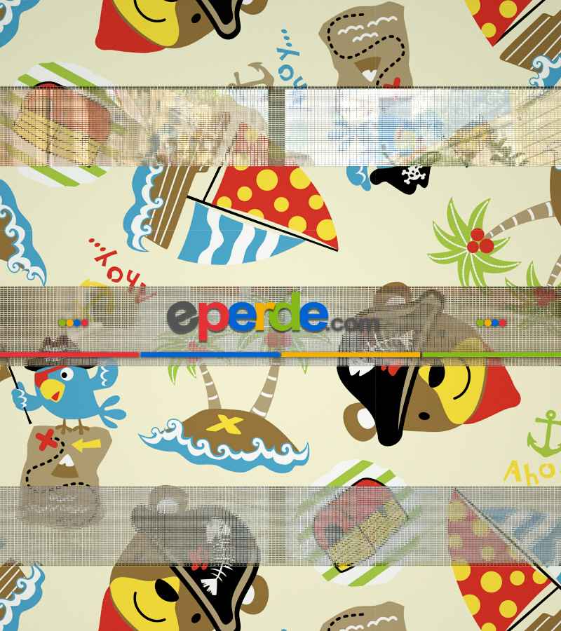 Bebek Odası Zebra Perde - Denizci Baskılı Zebra Perde- Mavi-Kırmızı-Beyaz-Hardal Sarısı