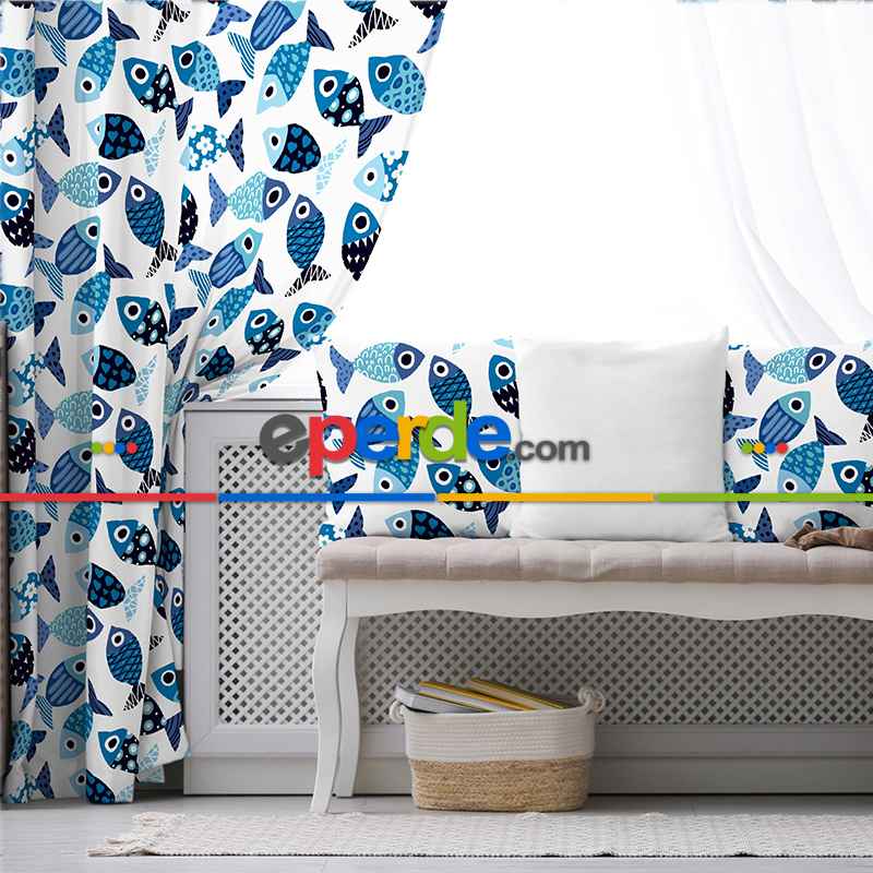 Balık Desenli Fon Perde Evim493 Kumaşı Kalındır Duck Bezi Değildir- Mavi-beyaz