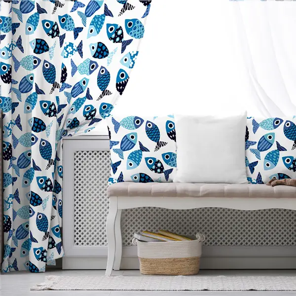 Çocuk Odası - Balık Desenli Fon Perde Evim493 Kumaşı Kalındır Duck Bezi Değildir- Mavi-beyaz