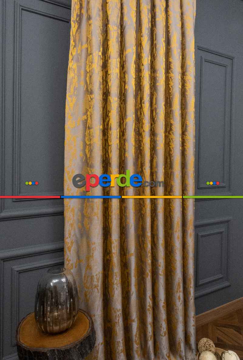 Yatak Odası Fon Jakar Dokuma Fon Perde Hardal Sarı Renk