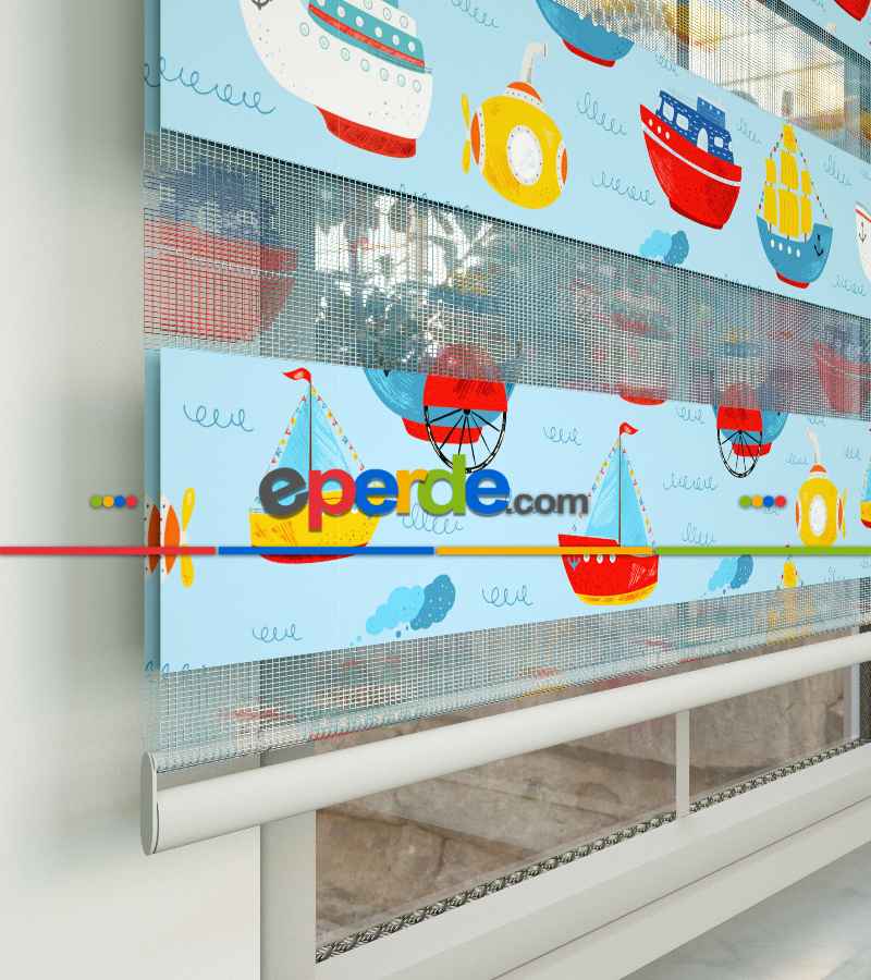 Bebek Odası Zebra Perde - Gemi Desen Baskılı Zebra Perde- Çok Renkli