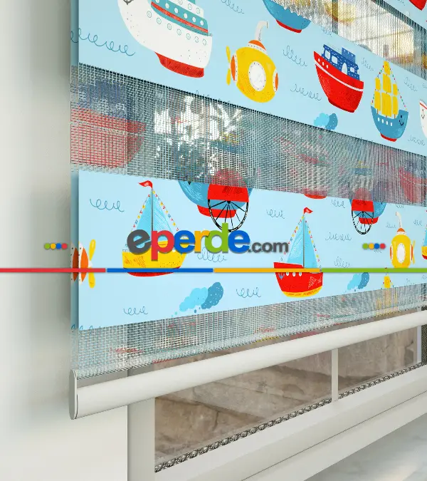 Bebek Odası Zebra Perde - Gemi Desen Baskılı Zebra Perde- Çok Renkli