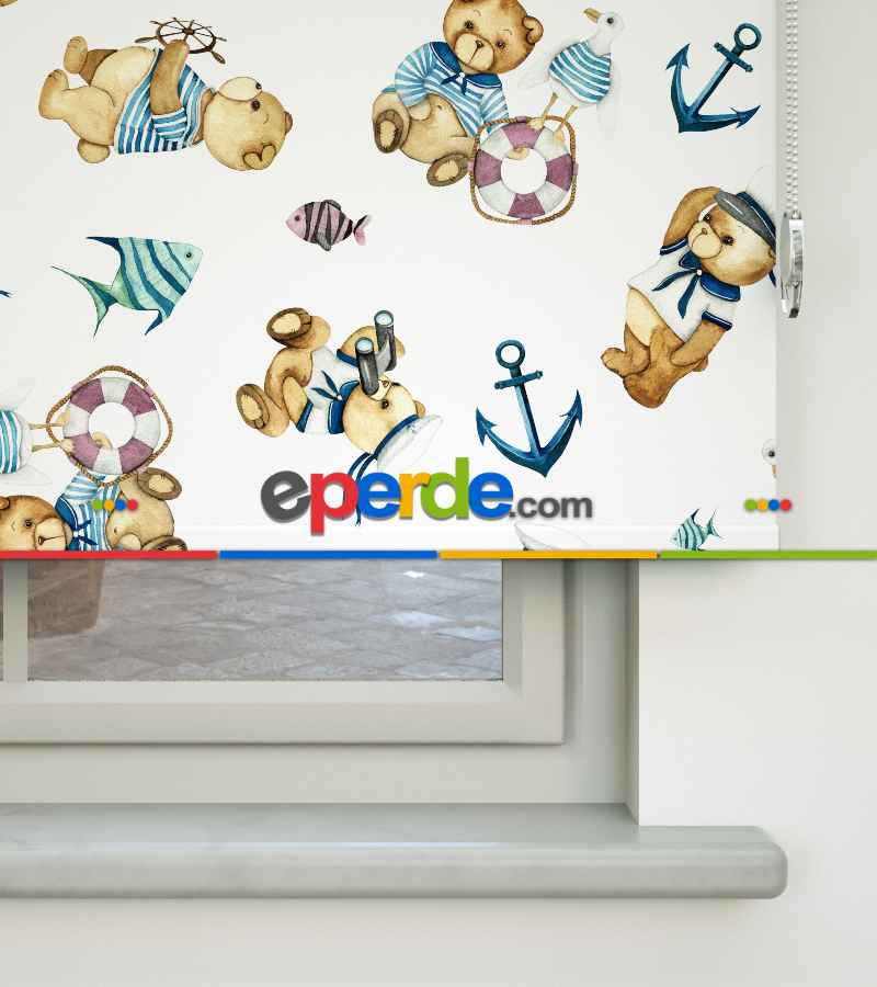 Bebek Odası Stor Perde - Kaptan Ayıcık Baskılı Stor Perde- Mavi-Beyaz-Kahve Açık-Su Yeşili