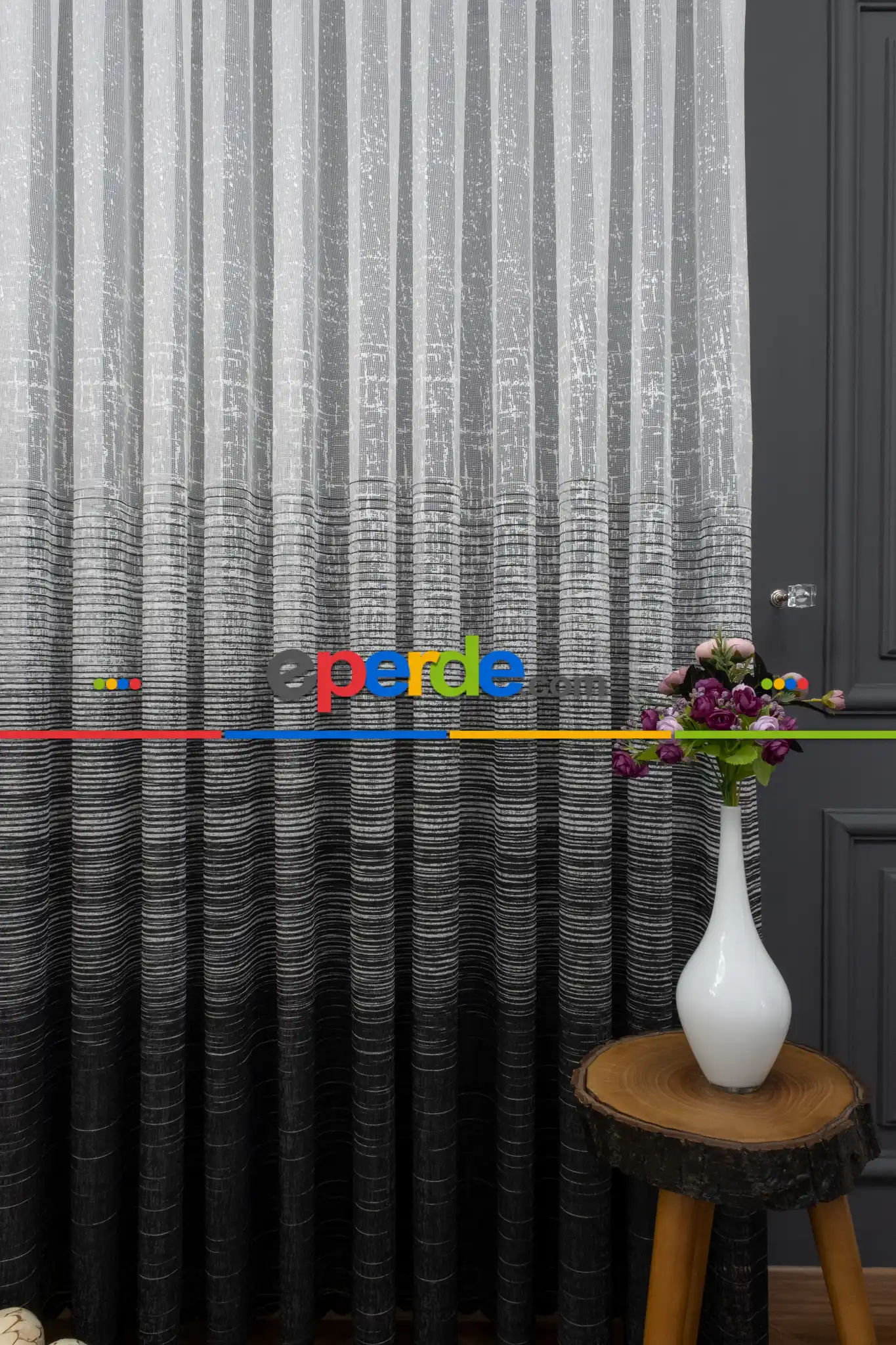 Çizgi Modern Desenli Örme Tül - Siyah ( Degrade Geçişli )