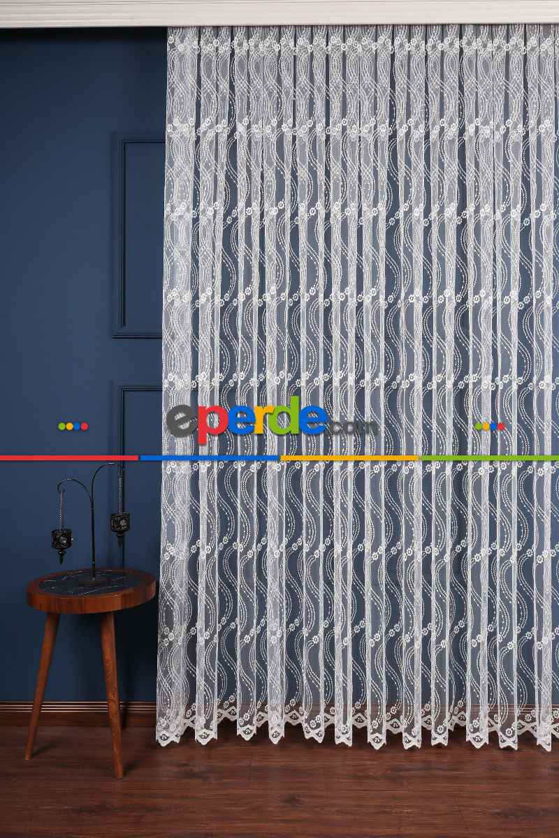 Es Brode Nakış İşlemeli Tül Perde - Çiçek Desenli