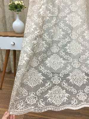 Sütlü Kahve Renk Fransız Danteli Tül Perde Damask Desenli- Sütlü Kahve