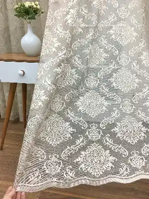 Sütlü Kahve Renk Fransız Danteli Tül Perde Damask Desenli- Sütlü Kahve