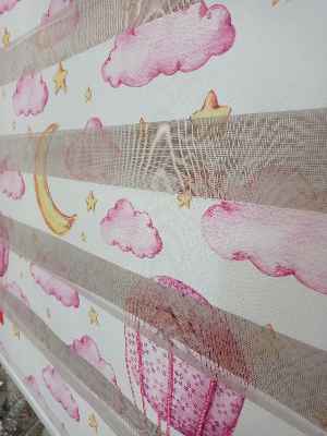 Çocuk Odası - 1. Kalite Bulut Desenli Zebra Perde- Pembe