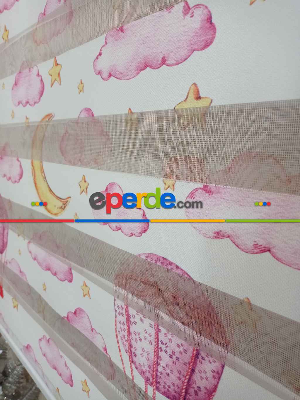 Çocuk Odası - 1. Kalite Bulut Desenli Zebra Perde- Pembe