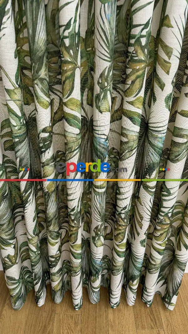 Bej Yeşil Tropikal Desenli Keten Fon Perde - Premium Kalite Serisi Ağır Gramajlı