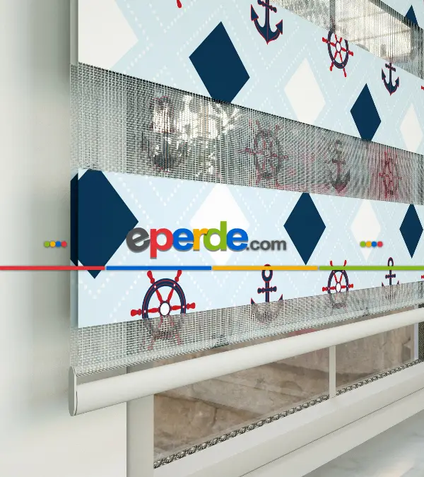 Bebek Odası Zebra Perde - Çapa Desen Baskılı Zebra Perde- Çok Renkli