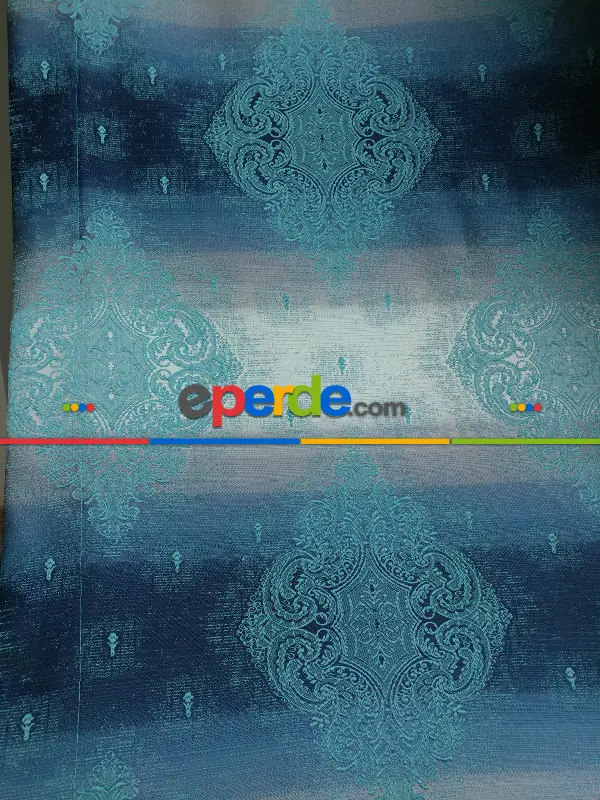 Salon Fon Perde - Fon Perde Turkuaz Damask Desenli(fon Demiri Hediyeli)- Turkuaz