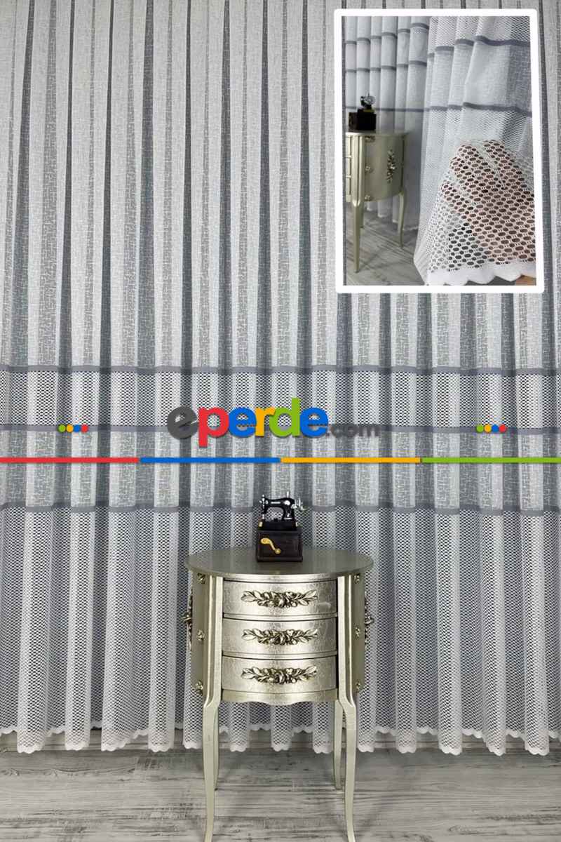 Salon - Aplik Jakar Eteği Bordürlü Tül Perde Tek Kanat - Ekru/gri