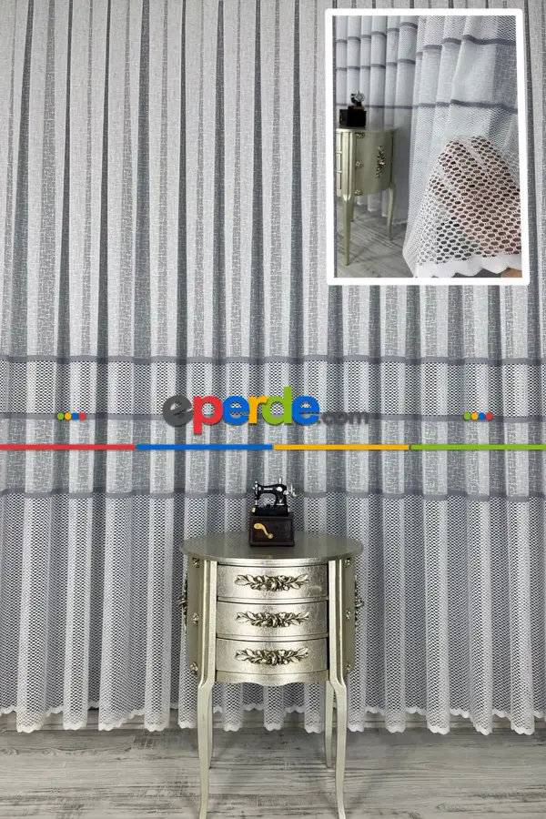 Salon - Aplik Jakar Eteği Bordürlü Tül Perde Tek Kanat - Ekru/gri