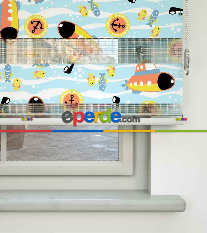 Bebek Odası Zebra Perde - Denizci Desen Baskılı Zebra Perde- Mavi-Sarı-Beyaz