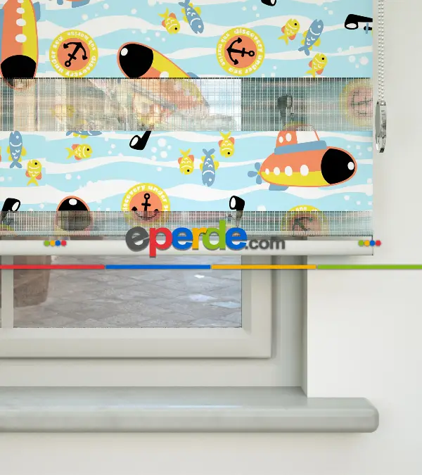 Bebek Odası Zebra Perde - Denizci Desen Baskılı Zebra Perde- Mavi-Sarı-Beyaz