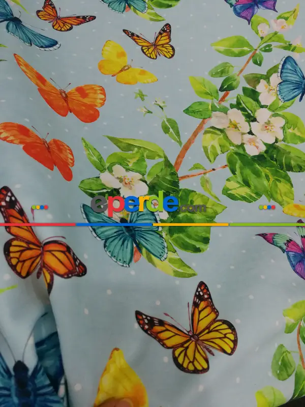 Kelebek Ve Çiçek Desenli Fon Perde Evm830 Kumaşı Kalındır Duck Bezi Değildir- Yeşil-Beyaz-Turuncu- Çok Renkli 3