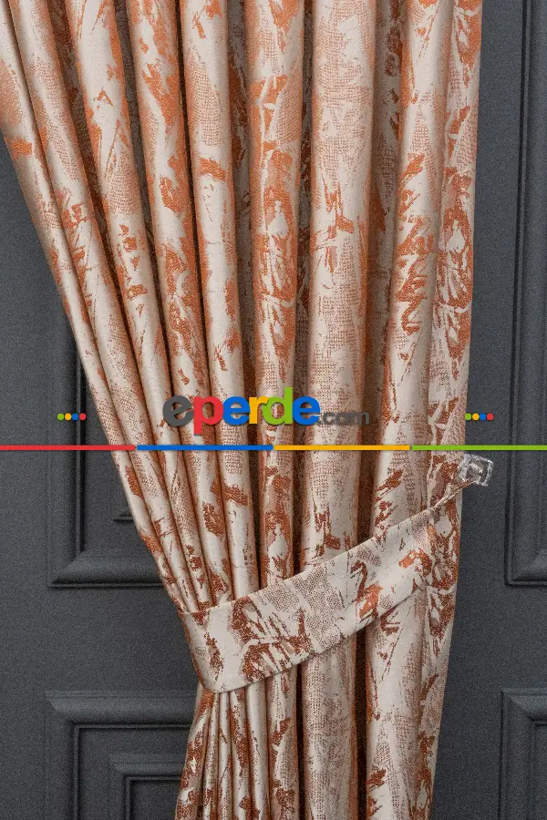 Yatak Odası Fon Patinedesenli Jakar Dokuma Fon Perde Kiremit Renk