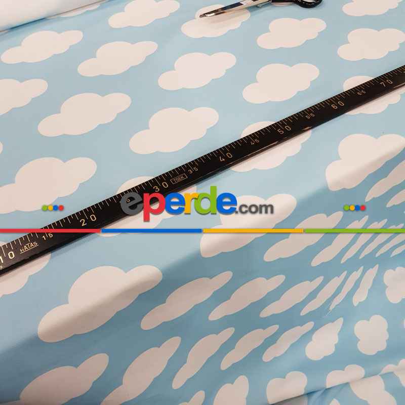 Bulut Desenli Fon Perde Evm484-1 Kumaşı Kalındır Duck Bezi Değildir- Beyaz-Mavi Açık