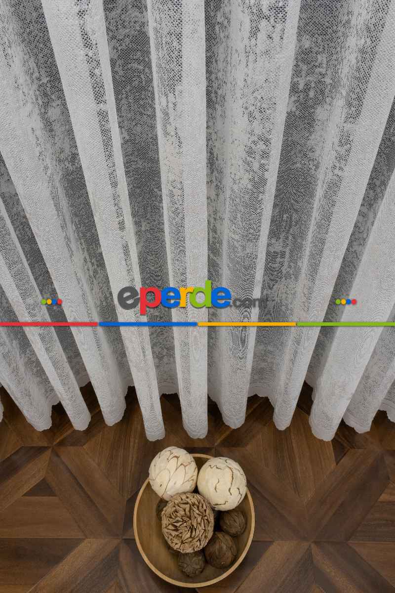 Oturma Odası - Patine Desenli Özel Örgülü Örme Tül - Ekru