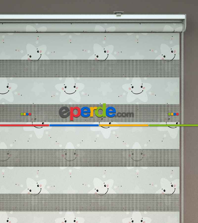 Çocuk Odası - Yıldız Desenli Baskılı Zebra Perde- Çok Renkli Zemin Lila