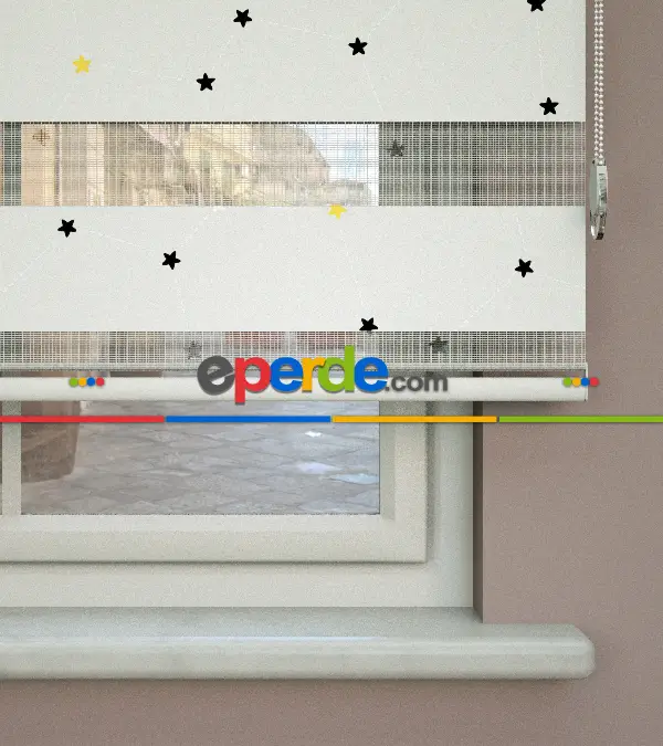 Yıldız Desenli Baskılı Zebra Perde- Çok Renkli