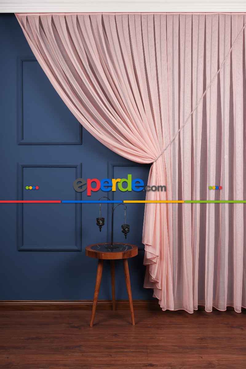 Yatak Odası Fon Perde - Pudra Tülden Kordon Toplama Fon Perde ( Kordon Hediyeli)