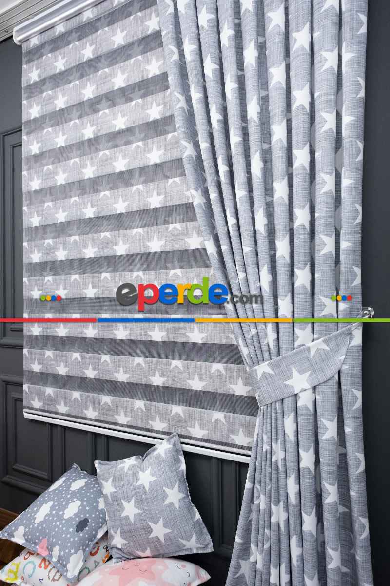 Kız ve Erkek Çocuk Odası Fon Perde - Gri Beyaz