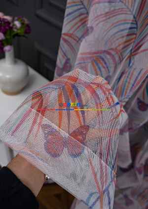 Hazır Ölçülü Petek Zemin Mor Turuncu Ve Mavi Renkli Yaprak - Kelebek Desenli Grek Baskılı Tül Perde