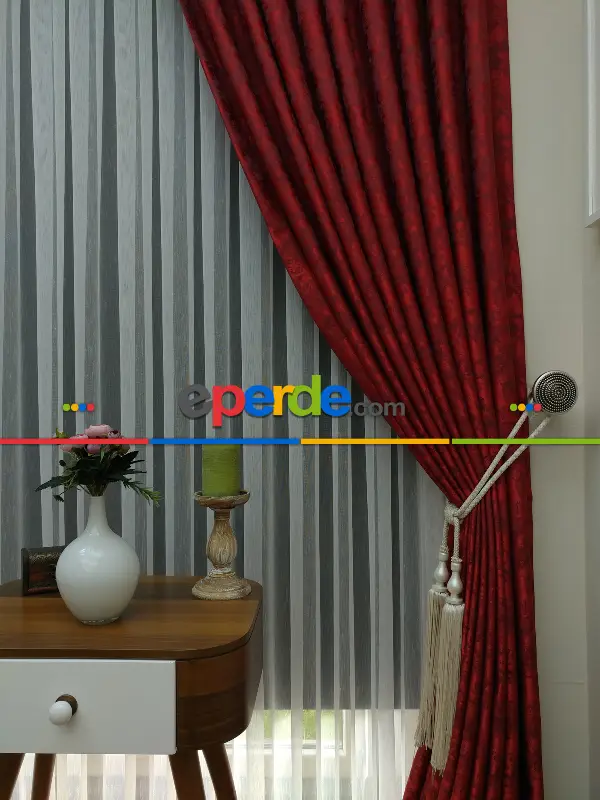 Kırmızı Bordo Renk Jakar Desenli Fon Perde - Bordo
