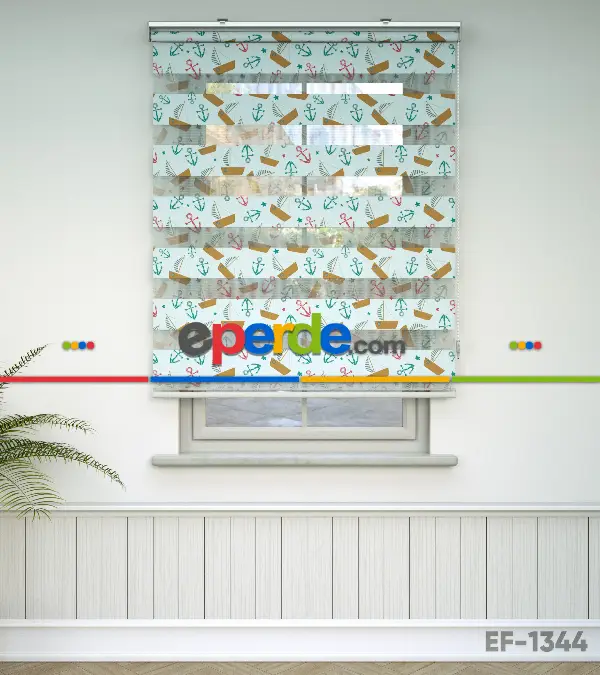 Bebek Odası Zebra -  Denizci Desenli Baskılı Zebra Perde- Yeşil-Kırmızı-Çok Renkli-Camel