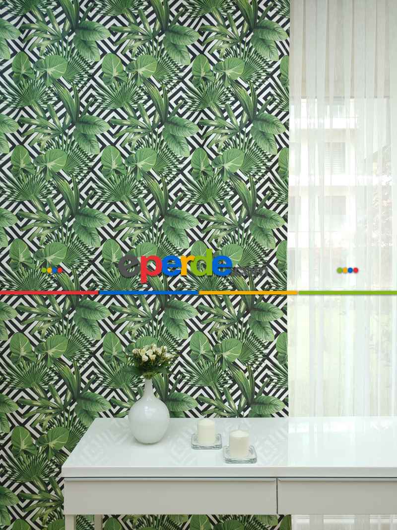 Tropikal Yaprak Desenli Fon Perde - Kumaşı Kalındır Duck Bezi Değildir- Siyah-Yeşil-Beyaz