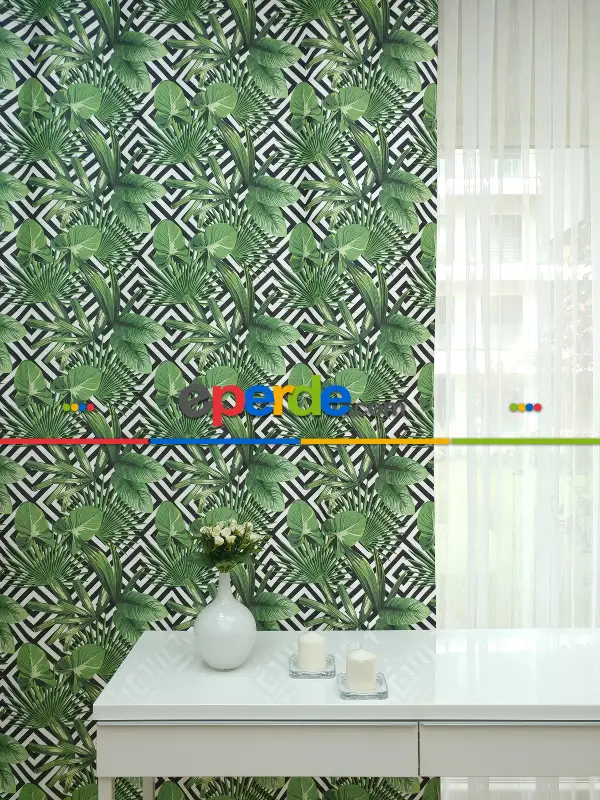 Tropikal Yaprak Desenli Fon Perde - Kumaşı Kalındır Duck Bezi Değildir- Siyah-Yeşil-Beyaz