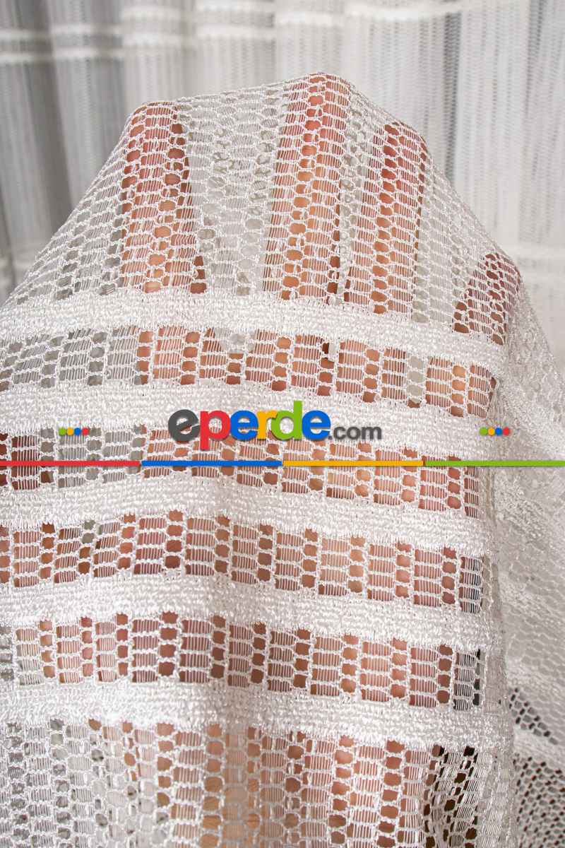 Salon Tül Modelleri - Clara Enine Bantlı Örme Tül Perde Ütü İstemez