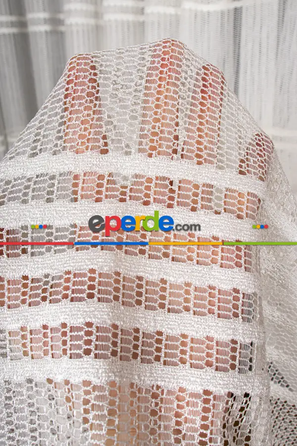 Salon Tül Modelleri - Clara Enine Bantlı Örme Tül Perde Ütü İstemez