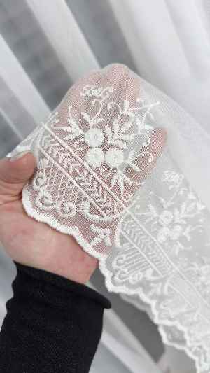 Taç Ekru Etek Çiçek İşlemeli Tül Perde, Ütü İstemeyen Kırışmaz