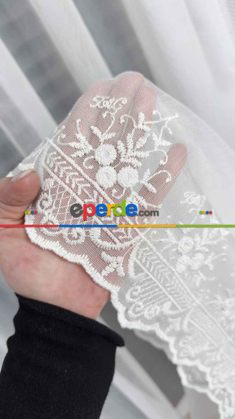 Taç Ekru Etek Çiçek İşlemeli Tül Perde, Ütü İstemeyen Kırışmaz