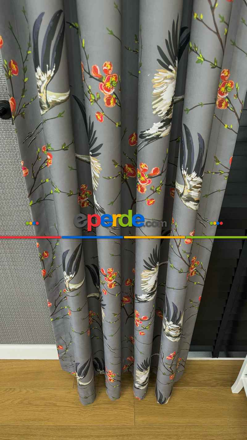 Genç Odası Antrasit Gri Çiçek Kuş Desenli İthal Kadife Fon Perde - Premium Kalite Serisi Ağır Gramajlı